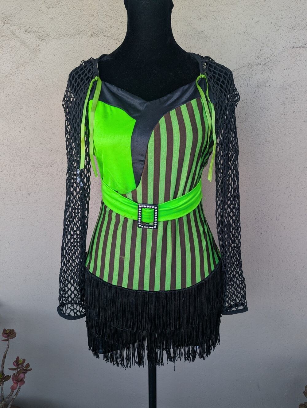 💜Glamour Costumes Green Black Fringe Biketard + Fishnet Shrug